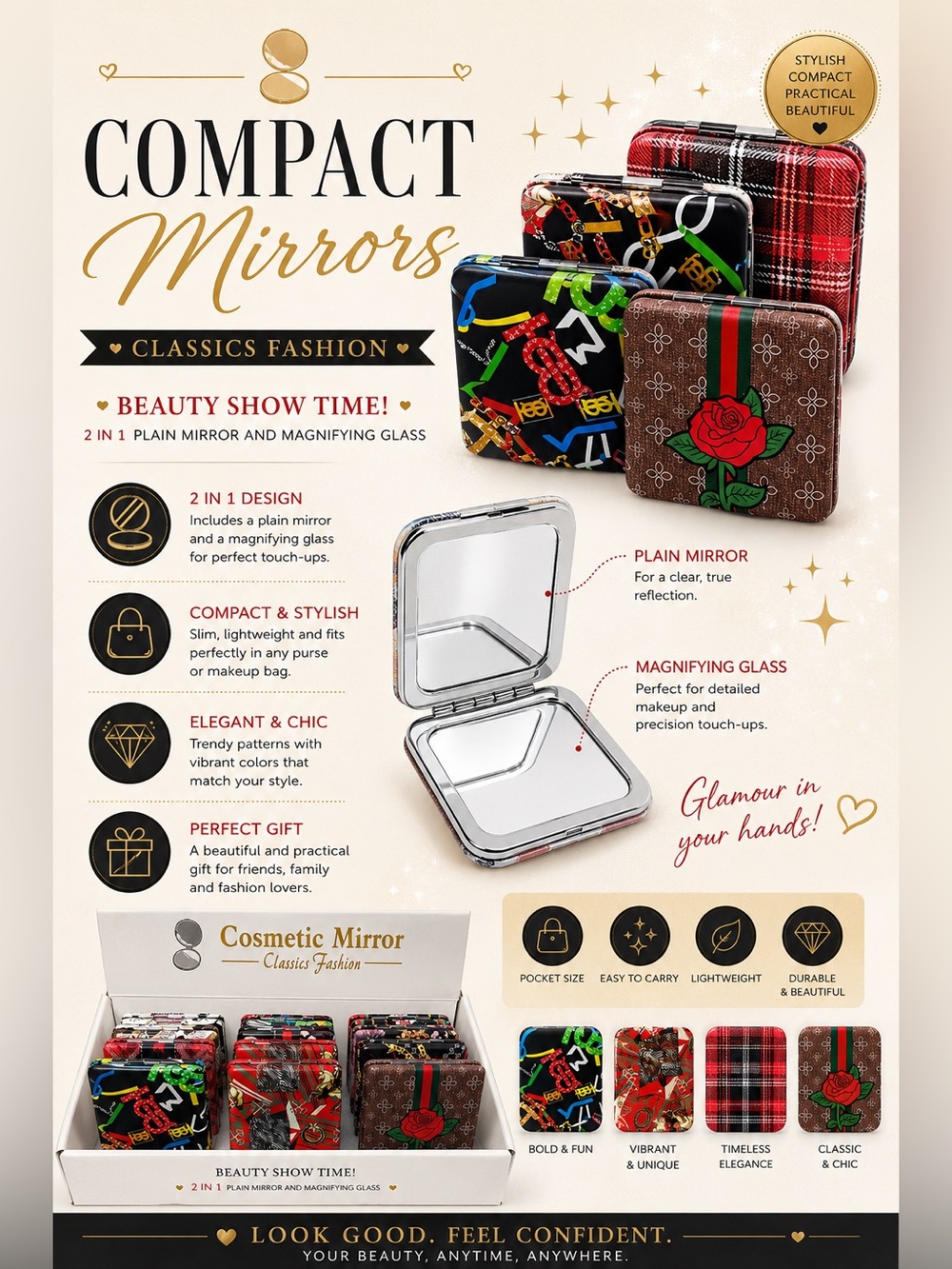 Dozen Compact Cosmetic Mirror - Floral & Plaid Assorted Cases